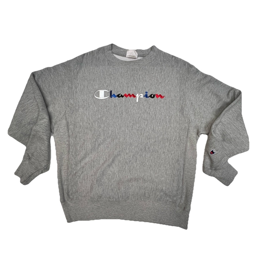 CHAMPION Reverse Weave Medium Gray Pullover Sweatshirt Embroidered Logo Y2K